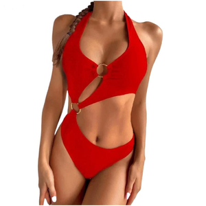 Women Black Halter <b>Bikini</b> <b>Set</b> High Cut Bottom Bandeau Top Hollow Out Stretch Swimwear - Product Image 2