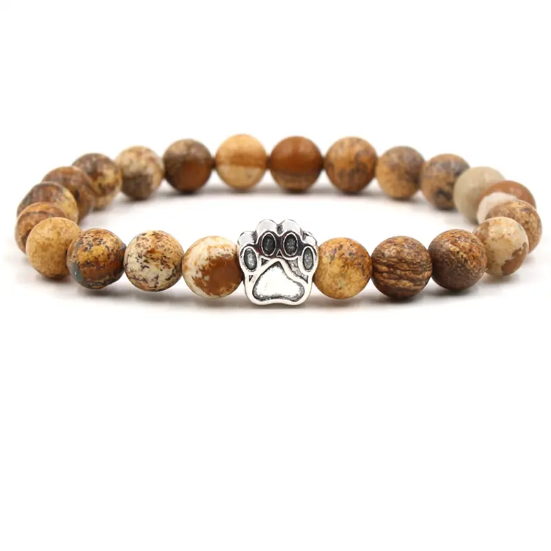 Femmes Hommes Silver Animal Bears Paw Charm Bracelets 8MM Natural Tiger Eyes Howlite Agate Beaded Bracelets