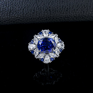 <b>925</b> Sterling <b>Silver</b> Lab Created Sapphire Oval Cut Floral Halo Statement <b>Ring</b> - Product Image 4