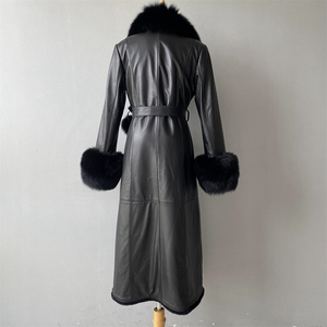 Cappotto <span class=keywords><strong>Trench</strong></span> in <span class=keywords><strong>Vera</strong></span> <span class=keywords><strong>Pelle</strong></span> di Pecora con Logo Personalizzato, Colletto in <span class=keywords><strong>Vera</strong></span> Pelliccia di Volpe, Stile Lungo e Morbido per Donna - Product Image 6