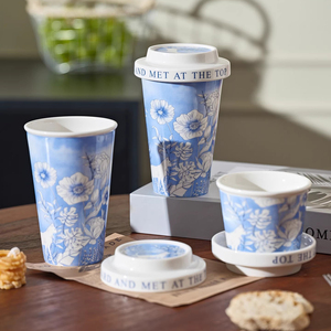 16oz Coffee Tumbler Blue and White <b>Ceramic</b> <b>Mug</b> Porcelain Tea Cup - Product Image 1