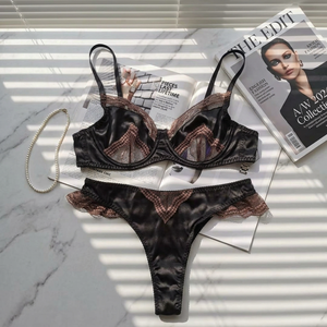 Conjunto de Lencería de Encaje Satinado Negro, Sujetador con Aros Transpirable de Copa 3/4 y Tanga, Conjunto de 2 Piezas, Estilo Francés, Ropa Interior Femenina, OEM ODM - Product Image 6