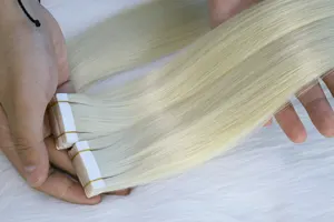 Extensión de cabello con cinta Europea 100% cabello humano ruso virgen teñido y sedoso onda recta cutícula alineada cabello crudo