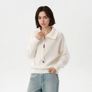 Suéter de punto de lana de estilo <span class=keywords><strong>italiano</strong></span> para mujer 100% jerséis de punto de cuello extendido con cremallera frontal de lana pura OEM ODM/venta al por mayor - Product Image 5