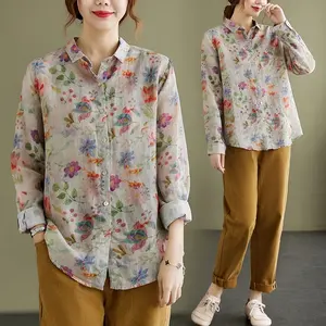 Spring Autumn New Arrival Loose Office Vintage Retro Print Button Up Tops Blouses Shirts Long Sleeve Casual Linen Women Blouse