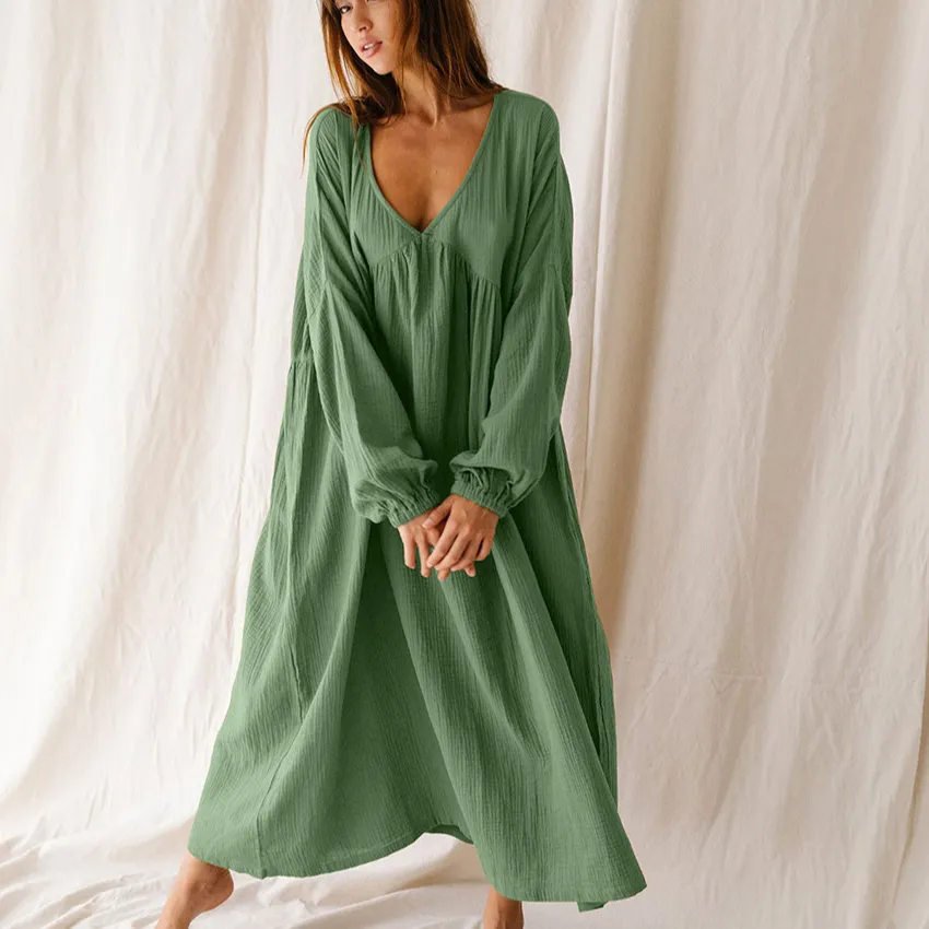 2023 Herbst Deep V Neck Langarm Baumwolle Nacht kleid Schlaf kleid Bequeme lange Pyjamas Frauen Lounge wear