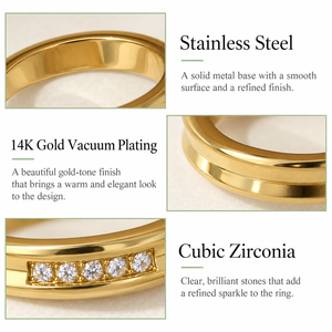 แหวนสแตนเลสสีทองประดับเพชรคิวบิกเซอร์โคเนียและเคลือบทอง 14K ด้วยระบบสุญญากาศ - Product Image 2