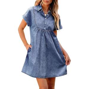 2025 Summer <b>Women's</b> Denim Dress Short Sleeve Button Collared Pleated Western <b>Jean</b> Dresses Pockets Relaxed Fit Simple <b>Light</b> - Product Image 5