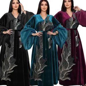 Benutzer definierte Pailletten Samt Abaya V-Ausschnitt Langarm Muslimische Frauen Islamische Kleidung EID Ramadan Stickerei Puff Abendkleid