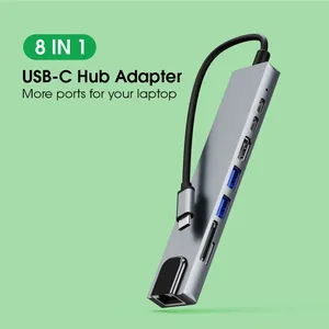 موزع USB من الألومنيوم 8 في 1 من النوع C USB Hub 3.0 محول متعدد الوظائف لأجهزة MacBook Pro iPad Dell XPS USB C Hub