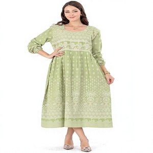 Women's Unique Floral Geometric Printed 100% Cotton Midi Dress Lace <b>Decoration</b> Maillard Custom Logo Back Detail Casual Tunic - Product Image 1