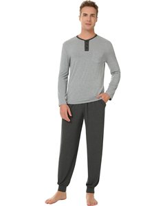 Ensemble <span class=keywords><strong>de</strong></span> pyjamas en coton pour hommes, vêtements <span class=keywords><strong>de</strong></span> nuit Henley à manches longues, pantalon <span class=keywords><strong>de</strong></span> jogging doux, pyjamas Cool Pj Set Bamboo Loungewear Set - Product Image 2