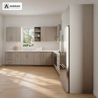 Meuble de cuisine moderne stratifié avec portes à battants, aménagement en L, dimensions personnalisées, boîtes en panneaux de particules et rangement coulissant