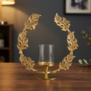 Luxury Gold Leaf Metal Candle Holder Stand Elegant Clear Glass Lantern Jar Centerpiece for Wedding Party <b>Table</b> Hotel Home Decor - Product Image 3
