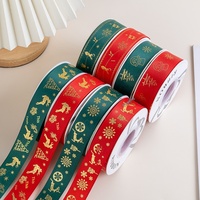Pita Desain Pohon Natal Berlapis Emas Poliester 25mm dengan Pita Kupu-Kupu untuk Pembungkus Kotak Hadiah Dekorasi Liburan Proyek DIY