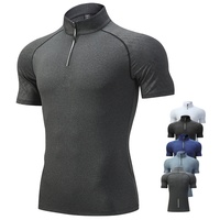 T-shirt de sport uni à manches courtes pour hommes européens et américains, col montant demi-zippé, séchage rapide, extensible, pour le fitness
