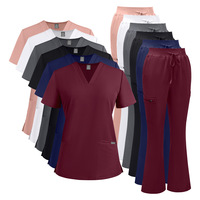 Ensemble de blouses médicales pour femmes, col en V, manches courtes, pantalon évasé, tissu extensible 4 directions, uniforme d'hôpital et de clinique