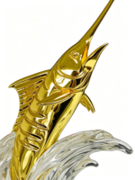Trophée en métal personnalisé en gros, Trophée Poisson Épée, Sculpture Poisson Doré, Base en cristal ondulé, Base carrée en marbre noir, Trophée Souvenir du Gagnant