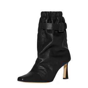 OEM Custom Women Pointy Toe Ankle Boots Solid Elastic Band Top Short Booties Belt Buckle High Heels Dress <b>Shoes</b> - Product Image 6