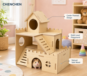 Casita de Madera de 3 Niveles Estilo Castillo para Hámster con Rampas y Plataformas de Escalada, Casa de Juegos para Hámster, Gerbil y Ratón - Product Image 1