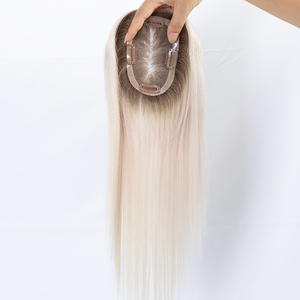 Topper de cheveux humains sur base de soie pour femmes, <span class=keywords><strong>blond</strong></span> platine, lisse, à clipser, avec racine ombrée - Product Image 4