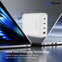 Chargeur rapide GaN Miccell 140W 3C1A avec protocoles PD et QC, certifié UL, prise US pour smartphones et ordinateurs portables