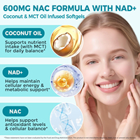Complément alimentaire antioxydant pour le bien-être, en gélules, à base de N-Acétyl-L-Cystéine (NAC) et de NAD+, avec huile de noix de coco et huile MCT, fabriqué en usine GMP, marque privée.