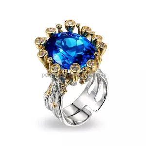 Anel de dedo de vidro esterlina 925 feito à mão, grande, azul