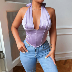 Solid <strong>Satin</strong> Cropped Tied <strong>Halter</strong> Purple Top Sleeveless Brand New Mix Bales Clothes Women Sexy Tank Crops Corset Tops - Product Image 4