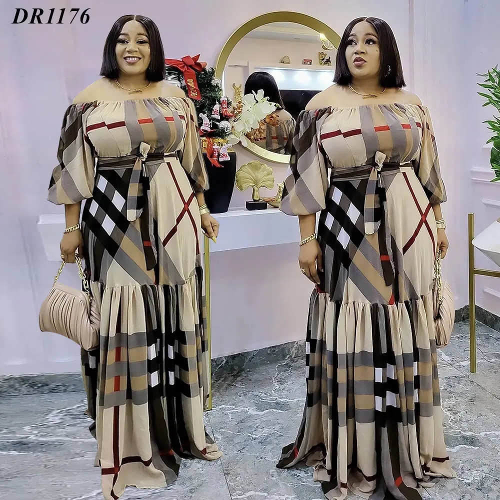 Free shipping 2023 Early Autumn Ladies Elegant Dress Ankle One Shoulder Print Floral Lace Up Ladies Casual Dress kaftan robe