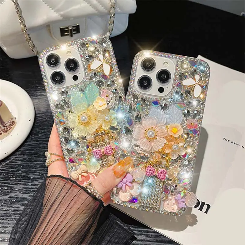 Luxury Big Crystal Diamond Style Glitter Perfume Flower Bowknot Design Acrylic TPU Mobile Phone Case For Iphone 7 8 X Xr Xs Max