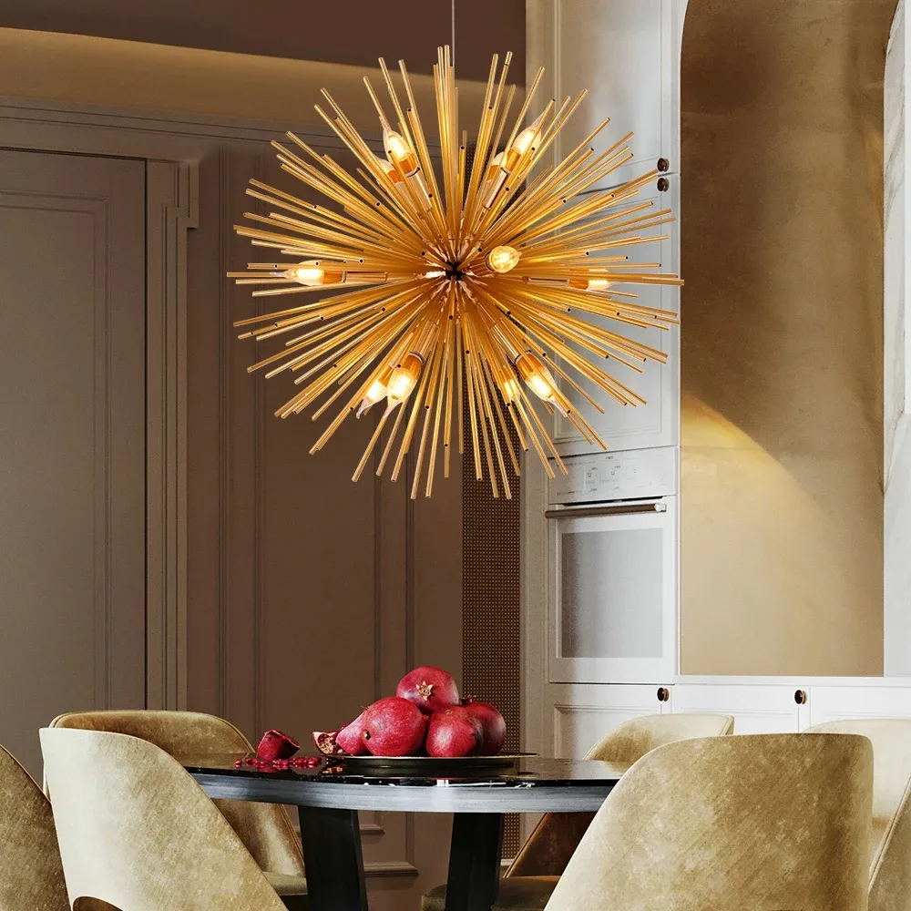 Modern Golden Tube Spark Ball Fireworks Chandelier Restaurant Bedroom Creative Dandelion Lamp