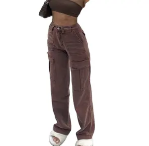 Pantalones Cargo de pierna ancha con bolsillos para mujer, Vaqueros rectos de cintura alta Y2K, Vaqueros holgados Vintage marrones 2021