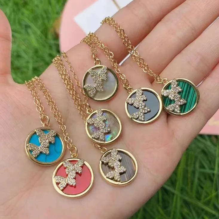 24 Gold Plated Turquoise Agate Shell Stone Round Coin Necklace with Butterfly CZ Pendant Necklace For Girls