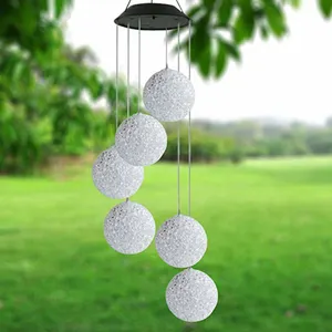 Patio Yard Night Lamp Garden Hanging Crystal Ball Solar Snowball Light Wind Chime Spiral Spinner Decorative Wind Bell