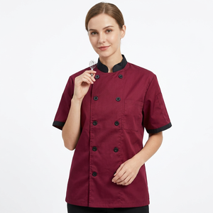 Chaqueta de Chef Borgoña para Hombre, Manga Corta, Cuello Mao, Estampado de Dibujos Animados, Ribete en Contraste, Suave, 100% Algodón, Botones a Presión, Uniforme de Trabajo - Product Image 4