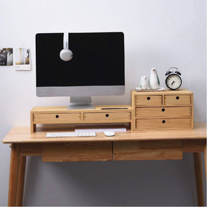 Support d'écran en bois avec 2 tiroirs, rehausseur d'écran d'ordinateur en bois massif pour bureau, étagère d'organisation de bureau avec gestion des câbles - Product Image 3