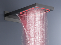 Ensemble de douche encastré en laiton à 4 fonctions avec bouton de température constante, pommeau de douche LED carré effet cascade et pluie