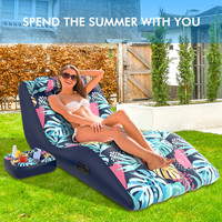 Fauteuil flottant gonflable en PVC robuste en forme de S avec porte-gobelet, imprimé tropical, canapé de bain de soleil aquatique à rotation 360°