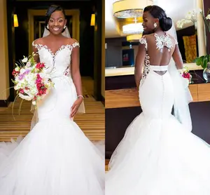 Vestido de novia de sirena africano, con cuentas de cristal personalizadas, manga encantadora, talla grande, S482, 2020