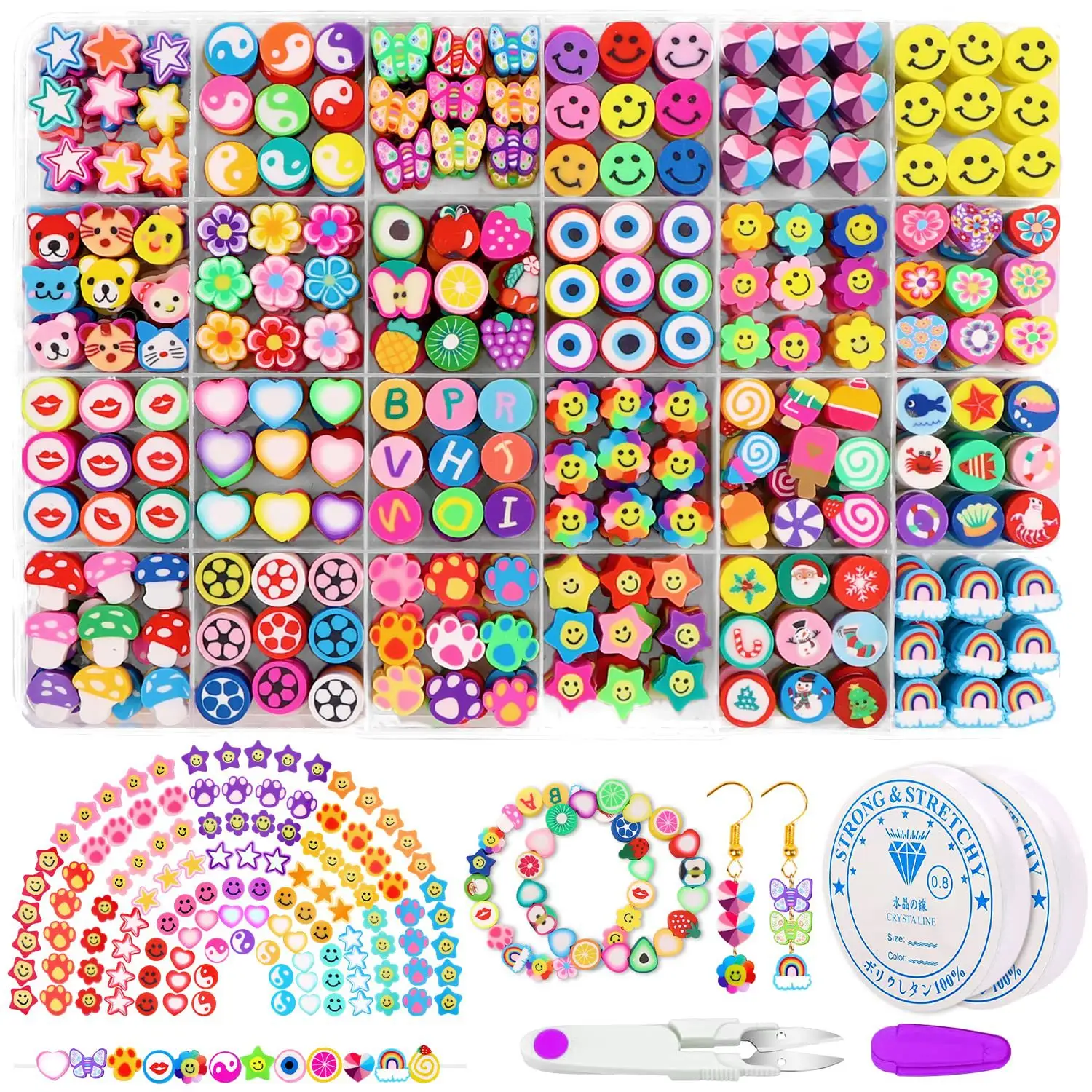 PAVA – breloques en argile 24 couleurs, fruits, Smiley, pour Bracelets, 480 pièces, perles en argile polymère pour la fabrication de bijoux, Kit de bricolage