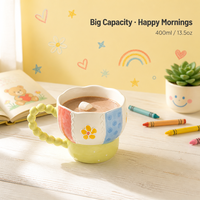 Mug en céramique avec poignée perlée jaune-vert 400 ml, tasse à café à fleurs peinte à la main pour la maison ou le bureau