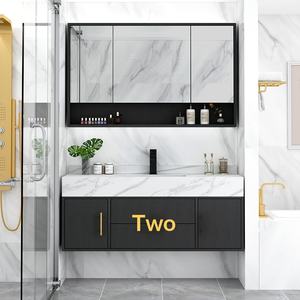 Meuble de salle de bain mural intelligent en bois massif et marbre, style luxe léger, moderne et épuré, avec éclairage LED anti-buée - Product Image 3