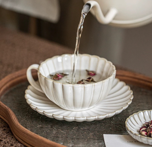 Tasse et soucoupe en céramique cannelée faite à la main de style japonais rétro, bol de petit-déjeuner vintage en grès pour flocons d'avoine et yaourt, vaisselle compatible micro-ondes - Product Image 2