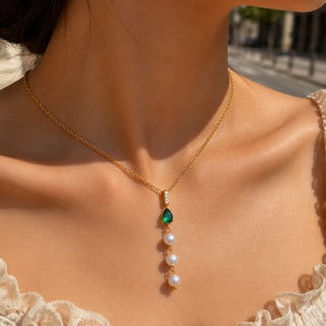 <strong>Gold</strong> <strong>Crystal</strong> Bar Emerald Pearl Necklace Stone Bar Pendant Green Teardrop Gemstone Triple Pearl Drop Women Statement Jewelry - Product Image 5