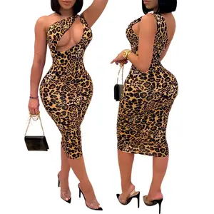 FS2640D sexy Backless Leopard Printed dresses women Sleeveless Summer Bodycon hollow out Dress