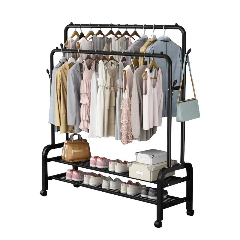 New type coat garment rack double pole clothes hanger rack stand with wheels