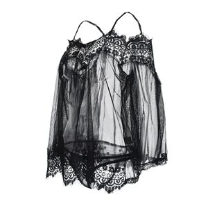 Ensemble de chemise de nuit en dentelle à épaules dénudées, lingerie transparente en maille, manches longues, noir et blanc, 2 pièces, vêtements de nuit doux pour femmes - Product Image 3