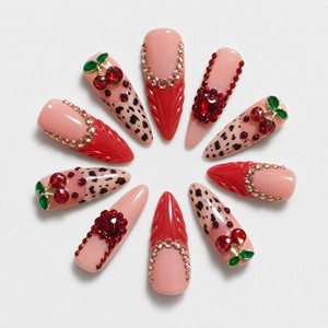 Faux ongles carrés longs pré-dessinés en acrylique avec strass cerise à presser pour les doigts - Product Image 3