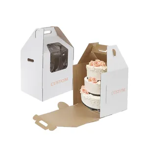 Benutzer definierte große Pappe Kraft papier Bäckerei Verpackung klares Fenster Hochzeit 3 Schichten Kuchen boxen Griff hohe Box für Kuchen